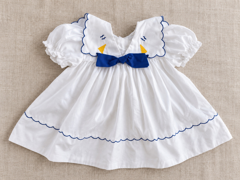 Vintage Sailboat Sailor Dress | Girls 2T | White Blue Nautical Puff Sleeve Dress